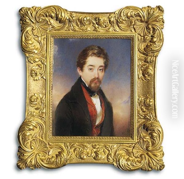 A Young Gentleman In Brown Coat, Floral Embroidered Brick-red Waistcoat, White Shirt And Black Cravat, Forward-combed Brown Hair, Beard And Moustache; Sky And Cloud Background - view 1