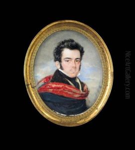 Portrait Of A Gentleman, Head And Shoulders, With Straight Brown Hair, Wearing A Black Cape And Red Hood