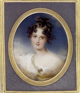 Princess Clementina Metternich As Hebe, In Loose White Dress With Yellow Sash Fastened By A Strand Of Pearls And Drop Pearl Pendant At Corsage, Her Dark Brown Hair Curled And Upswept