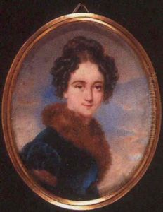 A Lady In Blue Velvet, Fur-trimmed Coat, Her Dark Brown Hair In Ringlets, Sky Background