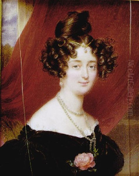 Junge Dame Mit Hochgebundenen Haar, Einem Glatten Scheitel, Perlenschmuck Und Einem Dunklen Kleid - view 1