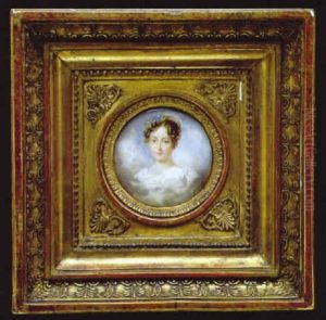 Portrait Of A Young Lady, In White Dress With Frilled Collar, Hair Ornament And Blue Flowers In Her Upswept Hair by Moritz Michael Daffinger