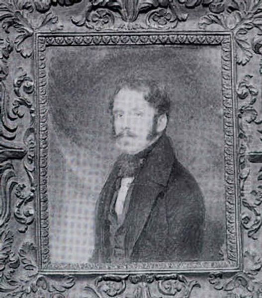 Portrait Of A Gentleman In Black Coat With Red Draped Curtain Background - view 1