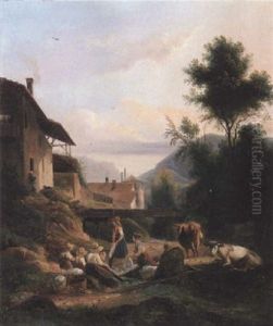 Blanchisseuses Pres D'un Ruisseau, Au Pied D'un Paysage Montagnard