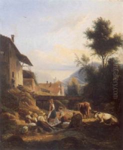 Blanchisseuse Pres D'un Ruisseau Au Pied D'un Paysage Montagnard