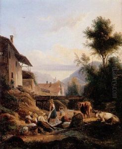 Blanchisseuses Pres D'un Ruisseau Dans Un Paysage Du Dauphine