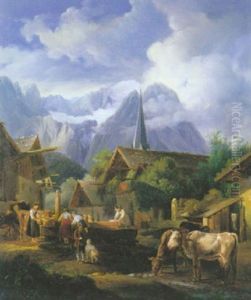 Un Village Des Alpes Suisses Anime De Personnages Et D'animaux