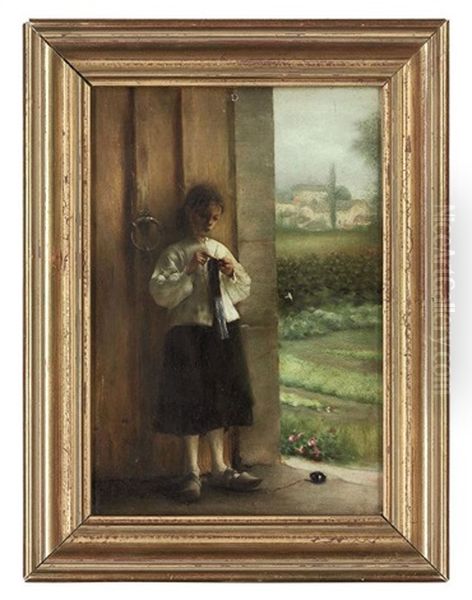 A Girl Darning In A Doorway - view 1