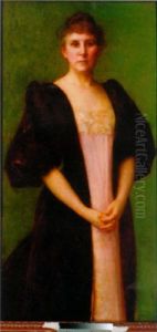 Portrait Of Mrs. Baker Wearing A Pink Silk Dress With A Black Cloak Over Her Shoulders