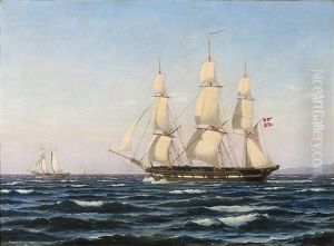 A Three-masted Sailing Ship With The Danish Flag by Carl Dahl