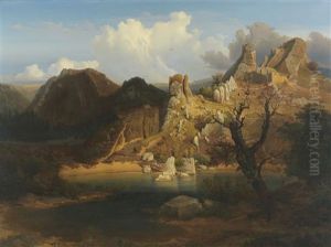 Landschaft Mit Schroffer Felsenpartie Und Bergsee by Carl Dahl