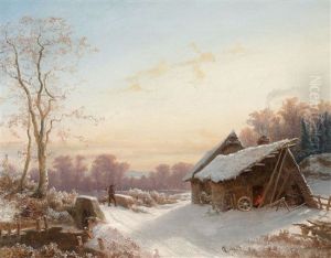 Winterlandschaft Mit Bauernhaus An Einer Brucke Winterlandschaft Mit Bauernhaus An Einer Brucke