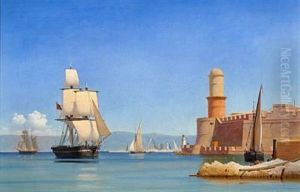 Coastal Scene On A Quiet Summer Day With Sailing Ships (toulon Arsenal In Provence, France?) by Carl Dahl