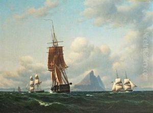 The Frigate "thetis", A Danish Brig And A Brig Under The American Flag By Gibraltar by Carl Dahl