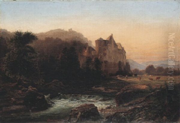 Landschaft Mit Burgruine Und Kuhherde - view 1