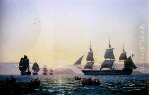 French Ships Of The Line Weighing Anchor In The Mediterranean by Carl Dahl