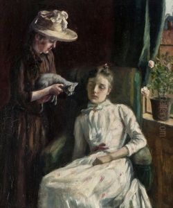 Two Women And A Cat In Interior by Cecilie Dahl
