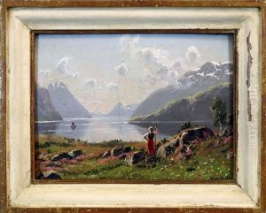 Junge Bauerin In Sommerlicher Fjordlandschaft by Hans Dahl
