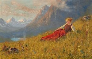 Norwegian Fjord Landscape With A Recumbent Young Lady by Hans Dahl