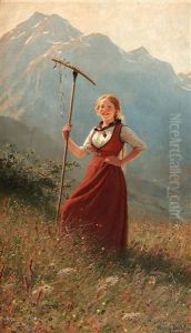 Girl In Fjord Landscape by Hans Dahl