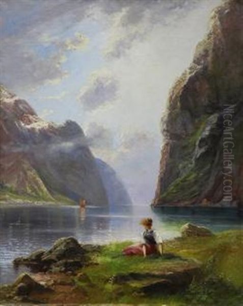 Lady Seated By A Mountain Lake - view 1