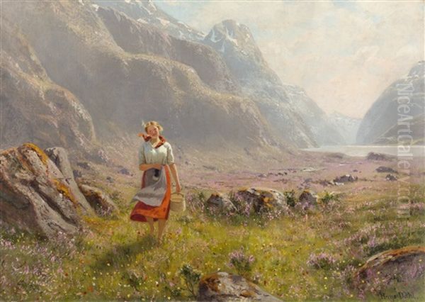Junge Bauerin In Sommerlicher Fjordlandschaft - view 1