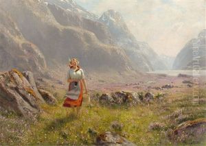 Junge Bauerin In Sommerlicher Fjordlandschaft