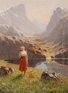 Girl By A Mountain Lake by Hans Dahl