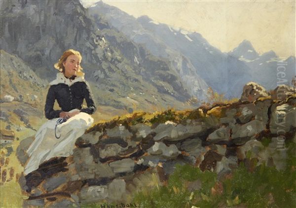 Girl Seated On A Stone Wall - view 1