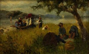 The Picnic, And Sketch Of Elegant Figures In A Park (2 Works) by Hans Dahl