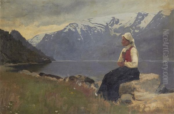 Fjord Landscape With Girl Seated On A Rock - view 1