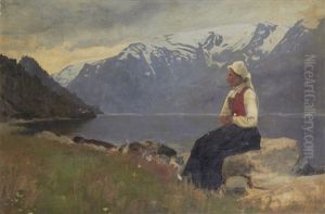 Fjord Landscape With Girl Seated On A Rock by Hans Dahl