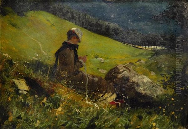 Girl In A Field Knitting - view 1