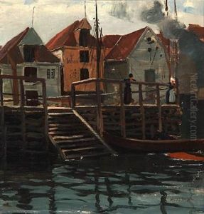 Two Women At Bergen Harbour, Norway by Hans Dahl