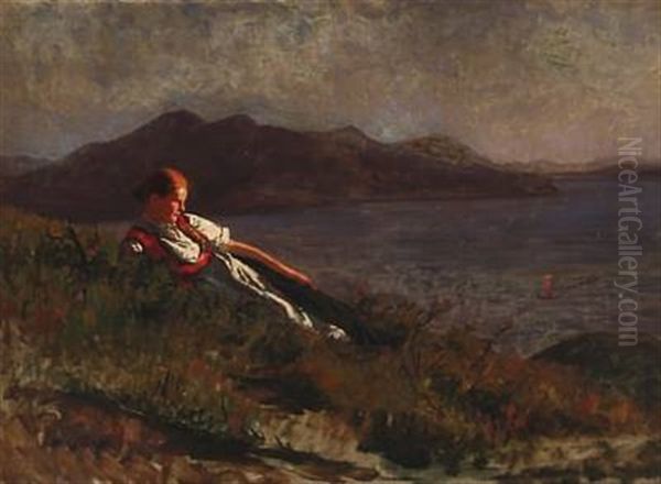 Young Norwegian Girl Laying In The Sunset On The Slopes Of A Fjord - view 1