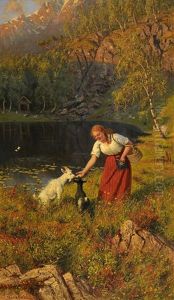 Madchen Zwei Zicklein Futternd by Hans Dahl