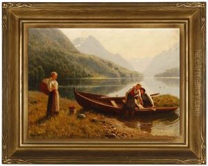 Jealousy And Love, Figures Frolicking By Lakeshore by Hans Dahl