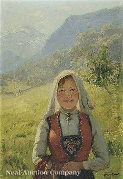 Young Girl In Festive Regional Costume, In A Meadow With Farm And Mountains Behind - view 1