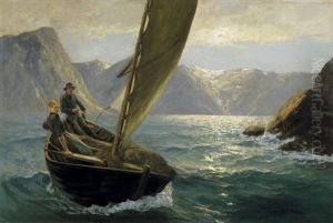 Die Uberfahrt. Bauernpaar In Seinem Boot Auf Einem Norwegischen Fjord by Hans Dahl