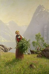 Junges Madchen Mit Birkenzweigen Vor Einem Norwegischen Fjord Junges Madchen Mit Birkenzweigen Vor Einem Norwegischen Fjord