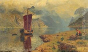 Blick In Einen Norwegischen Fjord Mit Einem Segelschiff by Hans Dahl