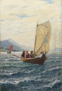 Sonntagliche Bootsfahrt Uber Den Fjord. Die Blonde Junge Frau Im Boot Ist Die Tochter Des Kunstlers by Hans Dahl