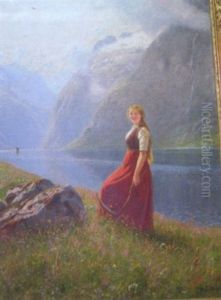 Portrait Of Girl In Alpine Meadow Holding Scythe by Hans Dahl