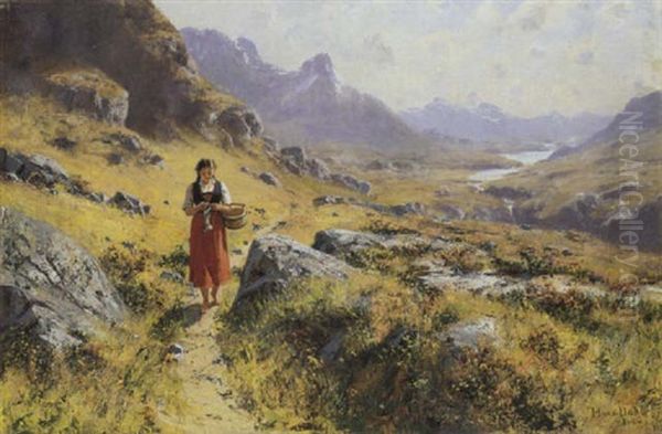 Norwegische Landschaft Mit Strickendem Madchen - view 1