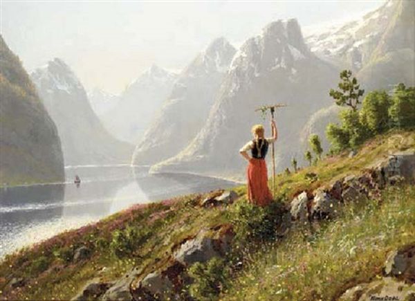 A Young Girl By A Norwegian Fjord - view 1