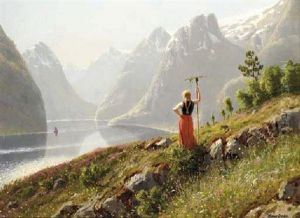 A Young Girl By A Norwegian Fjord by Hans Dahl