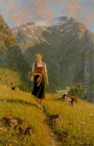 Bergslandskap Med Ung Vallflicka by Hans Dahl