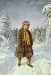 Norsk Vinterlandskab Med Lille Jente I Pelsfrakke by Hans Dahl