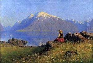 Utsikt Over Fjord, I Forgrunden Sittande Flicka by Hans Dahl