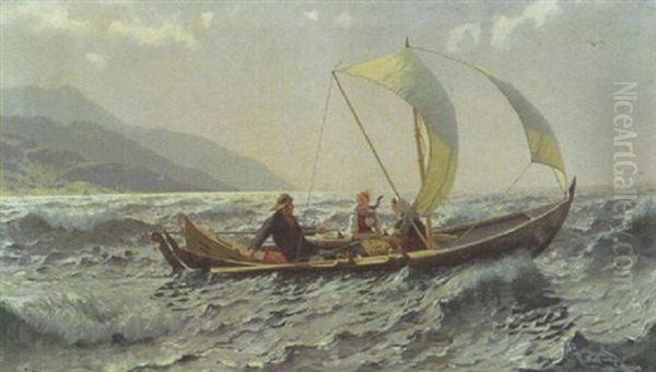 Fischer Mit Zwie Madchen Im Segelboot Auf Dem Fjord - view 1